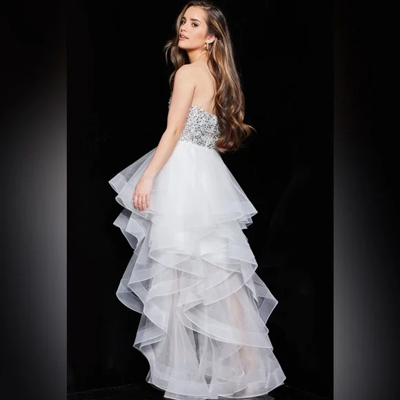 Jovani Strapless White and Silver beaded High Low Dress Jovani Strapless White and Silver beaded High Low Dress